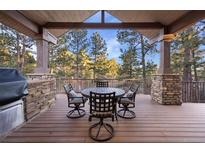 Covered outdoor patio area with stone columns and wood beams perfect for entertaining at 646 Ruby Trust Dr, Castle Rock, CO 80108