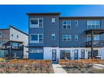 Contemporary three-story townhome with a blue exterior and a well-manicured front yard at 2446 W 167Th Ln, Broomfield, CO 80023