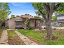 Cozy single-story home with brown siding, mature tree, and small porch area at 530 S Quitman St, Denver, CO 80219