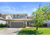 Beautiful two-story home with a well-manicured lawn, lovely landscaping and attached two car garage at 9290 Melborne Ct, Parker, CO 80134