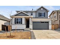 Charming two-story home featuring a gray color scheme, attached garage, and freshly landscaped front yard at 9728 Cathay St, Commerce City, CO 80022