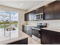 Modern kitchen with stainless steel appliances, dark cabinets, light countertops, and a sliding door to the outdoor deck at 4285 Gozzer Ranch Dr, Elizabeth, CO 80107