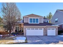 Two-story home with a three-car garage and landscaped front yard at 3481 Meadow Creek Pl, Highlands Ranch, CO 80126