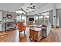 Bright living room with vaulted ceilings, mountain views, hardwood floors, and comfortable seating at 248 Copperdale Ln, Golden, CO 80403