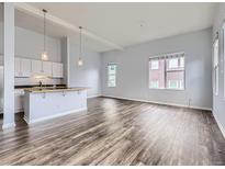 Bright living room with open floor plan, modern lighting, and wood-style floors at 2501 15Th St # 3D, Denver, CO 80211