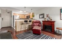 Cozy living room featuring a fireplace, plush seating, and a stylish striped rug, perfect for relaxation at 1833 N Williams St # 101, Denver, CO 80218