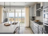 Bright kitchen with quartz countertops, stainless appliances, and a sliding glass door with beautiful views at 16568 W 92Nd Pl, Arvada, CO 80007