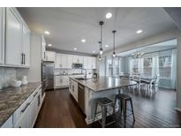 Bright kitchen with large island, stainless steel appliances, and hardwood flooring at 6065 Clover Ridge Cir, Castle Rock, CO 80104