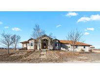 A ranch-style home with a large front yard and mature trees at 14219 County Road 22, Fort Lupton, CO 80621