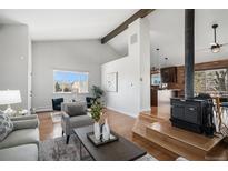 Bright living space featuring open floor plan, wood burning stove, and lots of natural light at 2812 W Davies Dr, Littleton, CO 80120