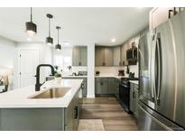 Bright kitchen features gray cabinets, stainless steel appliances, and a spacious island with modern lighting fixtures at 1450 Syracuse St, Denver, CO 80220