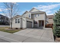 Charming two-story home featuring a neutral color scheme, attached garage, and well-maintained front yard landscaping at 3917 Starry Night Loop, Castle Rock, CO 80109