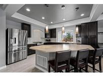 Modern kitchen with stainless steel appliances and island with seating and pendant lighting at 3917 Starry Night Loop, Castle Rock, CO 80109