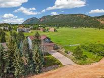 Charming two-story home with a lush green field view and mountain backdrop at 133 Wheat Ridge St, Palmer Lake, CO 80133