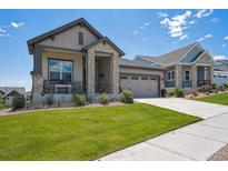 Beautifully landscaped front yard leading up to a charming home with stone facade and welcoming porch at 18926 W 94Th Ave, Arvada, CO 80007