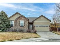 Charming single-story home featuring stone and siding accents, a two-car garage, and well-maintained landscaping at 13744 Columbine St, Thornton, CO 80602