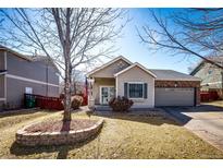 Charming single-Gathering home with a well-maintained front yard and attached two-car garage at 5032 Nighthawk Pkwy, Brighton, CO 80601