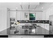 Modern kitchen featuring a black island, stainless appliances, black backsplash and sleek white cabinetry at 2745 Java Ct, Denver, CO 80211