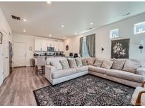 Bright living room featuring a cozy sectional sofa and stylish patterned rug at 17991 E 103Rd Ave, Commerce City, CO 80022