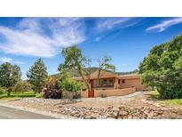A charming single-story home boasts a unique exterior design with a stone landscape and well-kept lawn at 6201 Rain Dance Trl, Littleton, CO 80125