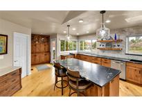 Open kitchen features a large island with seating, stainless steel appliances, and stone countertops at 6201 Rain Dance Trl, Littleton, CO 80125