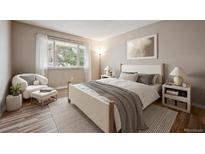 Cozy bedroom with neutral tones, plush bedding, natural light, and stylish furnishings at 7995 E Mississippi Ave # 24, Denver, CO 80247