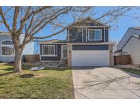 Charming two-story home with a well-maintained lawn, mature tree, and a two car garage at 9694 Canberra Dr, Highlands Ranch, CO 80130