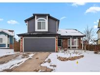 Two-story house with gray siding, brick accents, and a two-car garage at 9779 Goldfinch Ln, Highlands Ranch, CO 80129