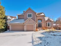 Two-story house with a brick and siding exterior, two-car garage, and a landscaped yard at 9688 Chesapeake St, Highlands Ranch, CO 80126