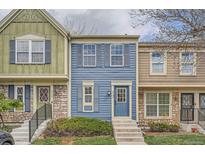Charming townhome featuring colorful siding, complemented by well-maintained landscaping and a welcoming front entrance at 8197 S Fillmore Way, Centennial, CO 80122