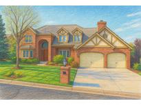 Charming two-story brick home with arched entryway, two-car garage, and landscaped front yard at 6414 E Stanford Ave, Cherry Hills Village, CO 80111