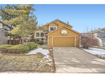 Charming mustard home featuring a two-car garage and well-maintained front yard with green grass and stone details at 9383 Cobblecrest Dr, Highlands Ranch, CO 80126