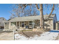 Ranch-style home with stone veneer, mature tree, and landscaped yard at 2701 S Knox Ct, Denver, CO 80236