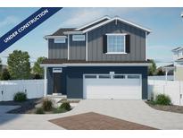 New two-story home with gray and blue siding, two-car garage, and landscaping at 22032 E 38Th Pl, Aurora, CO 80019