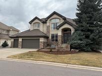 Charming two-story home featuring a stone facade, arched entryway, and well-manicured front yard at 10057 S Shadow Hill Dr, Lone Tree, CO 80124