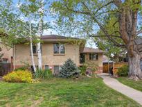 Charming brick home featuring mature trees, manicured lawn, and lush landscaping at 746 Birch St, Denver, CO 80220