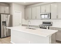 Modern kitchen features stainless steel appliances, white subway tile, and gray cabinets at 379 Remuda Rd, Berthoud, CO 80513