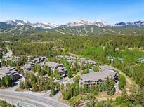 Scenic aerial view of a mountain community nestled amongst evergreen trees with snow-capped mountains in the background at 50 Mountain Thunder Dr # 1402, Breckenridge, CO 80424