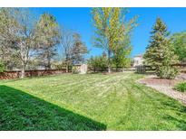 Spacious, well-maintained backyard with lush green grass, mature trees, and a storage shed, perfect for outdoor activities at 10062 Eagle Valley Way, Highlands Ranch, CO 80129