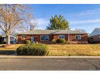 Charming brick ranch-style home featuring a well-manicured front yard and mature landscaping at 971 Elm Pl, Thornton, CO 80229