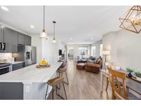 Open-concept living room showcasing kitchen island, dining area, and comfortable seating with hardwood floors at 4265 E Iliff Ave # 1, Denver, CO 80222