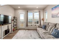 Bright living room featuring a comfortable couch, stylish rug, and sliding door access to an outdoor patio at 2641 Channel Dr, Highlands Ranch, CO 80129