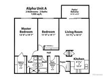 Layout of unit A showing two bedrooms, two bathrooms, kitchen, living room, and a patio/balcony, totaling 1200 sq ft at 3022 S Wheeling Way # 107, Aurora, CO 80014