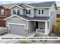 Charming two-story home boasts a covered porch, attached garage, and inviting curb appeal at 27674 E 7Th Dr, Aurora, CO 80018