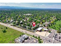 Aerial shot of this neighborhood and the property shows its location near open green spaces at 4856 E Hinsdale Pl, Centennial, CO 80122