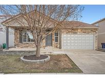 Charming stone home with a well-maintained front yard and attached two car garage at 5506 Malta St, Denver, CO 80249