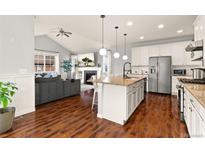 A modern kitchen featuring an island, stainless steel appliances, and an open view to the living room fireplace at 3081 Youngheart Way, Castle Rock, CO 80109