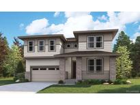 A modern two-story home boasts large windows and a neutral color palette, complemented by professional landscaping at 2645 Mondt Ln, Erie, CO 80026