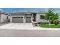 Charming home featuring a three-car garage, modern exterior, and manicured lawn at 1465 Gentle Rain Dr, Castle Rock, CO 80109