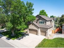 Attractive home with two-car garage and brick accents, complemented by mature landscaping and a well-maintained lawn at 16690 Amberstone Way, Parker, CO 80134
